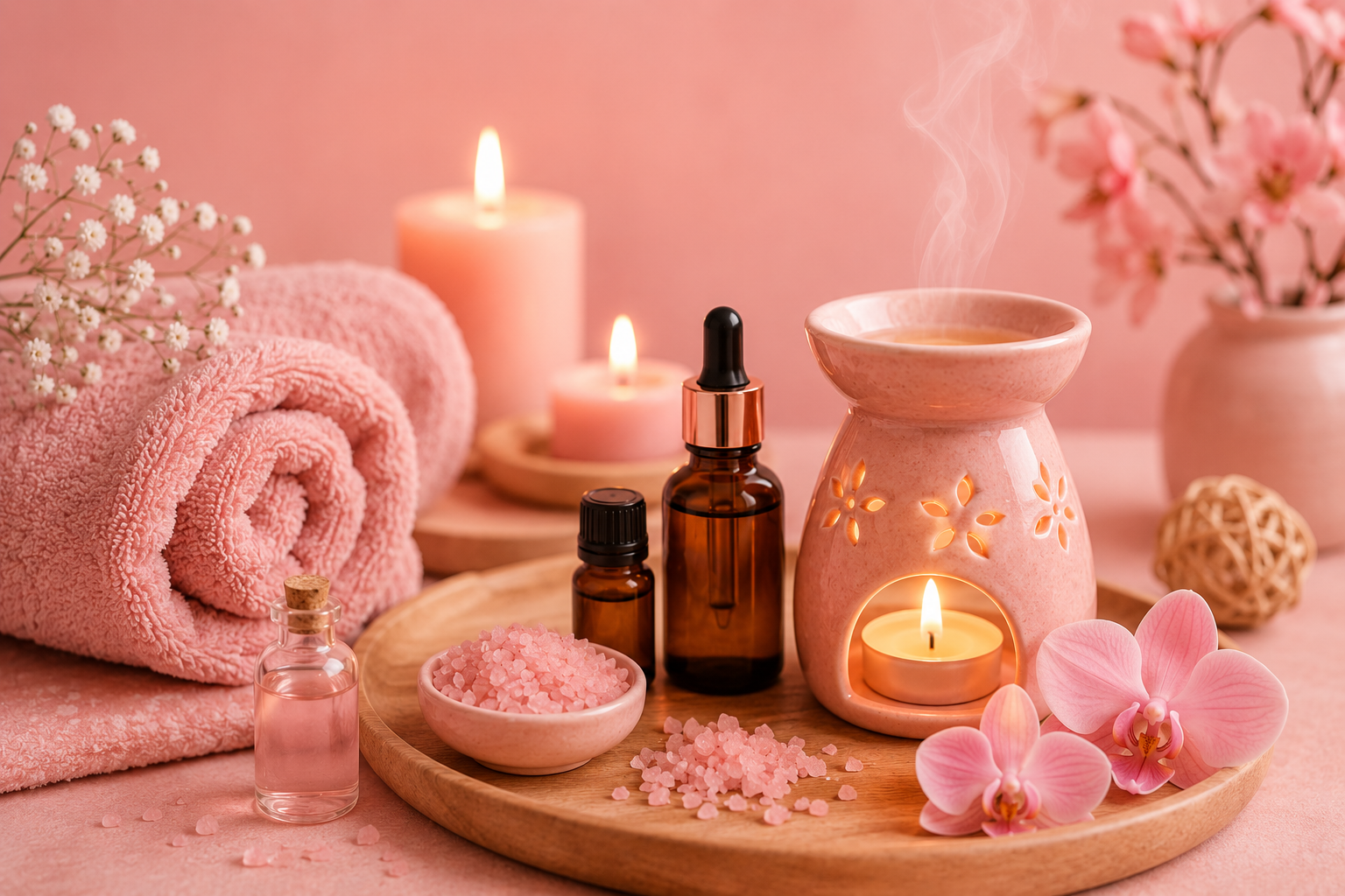 Aromatherapy essential oils and candles in a luxury spa setting